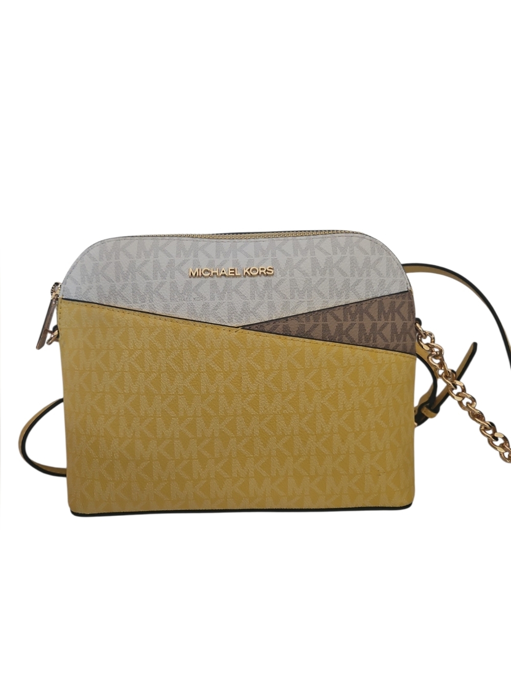 Michael Kors MK Signature Colorblock Dome Crossbody | Yellow/Vanilla/Brown | Cha - Picture 2 of 5